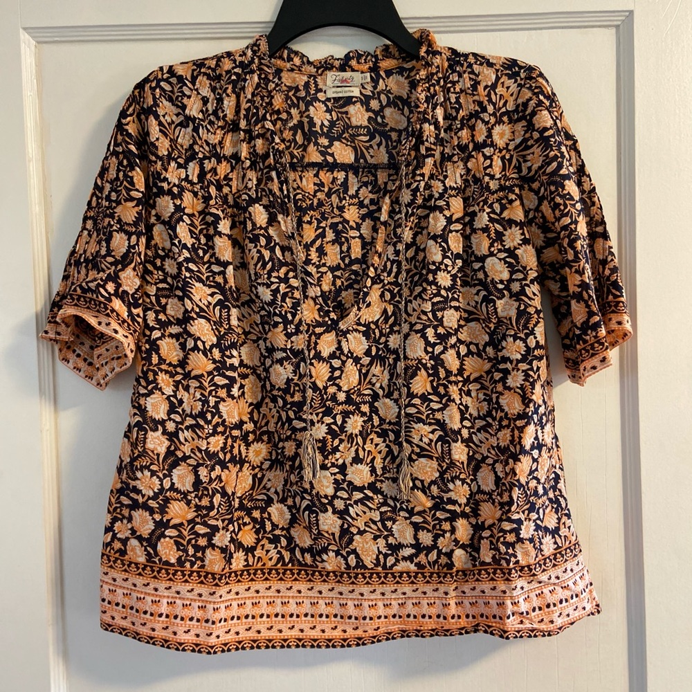 Faherty Floral Peasant Top Blouse Pleats Organic Cotton Small EUC